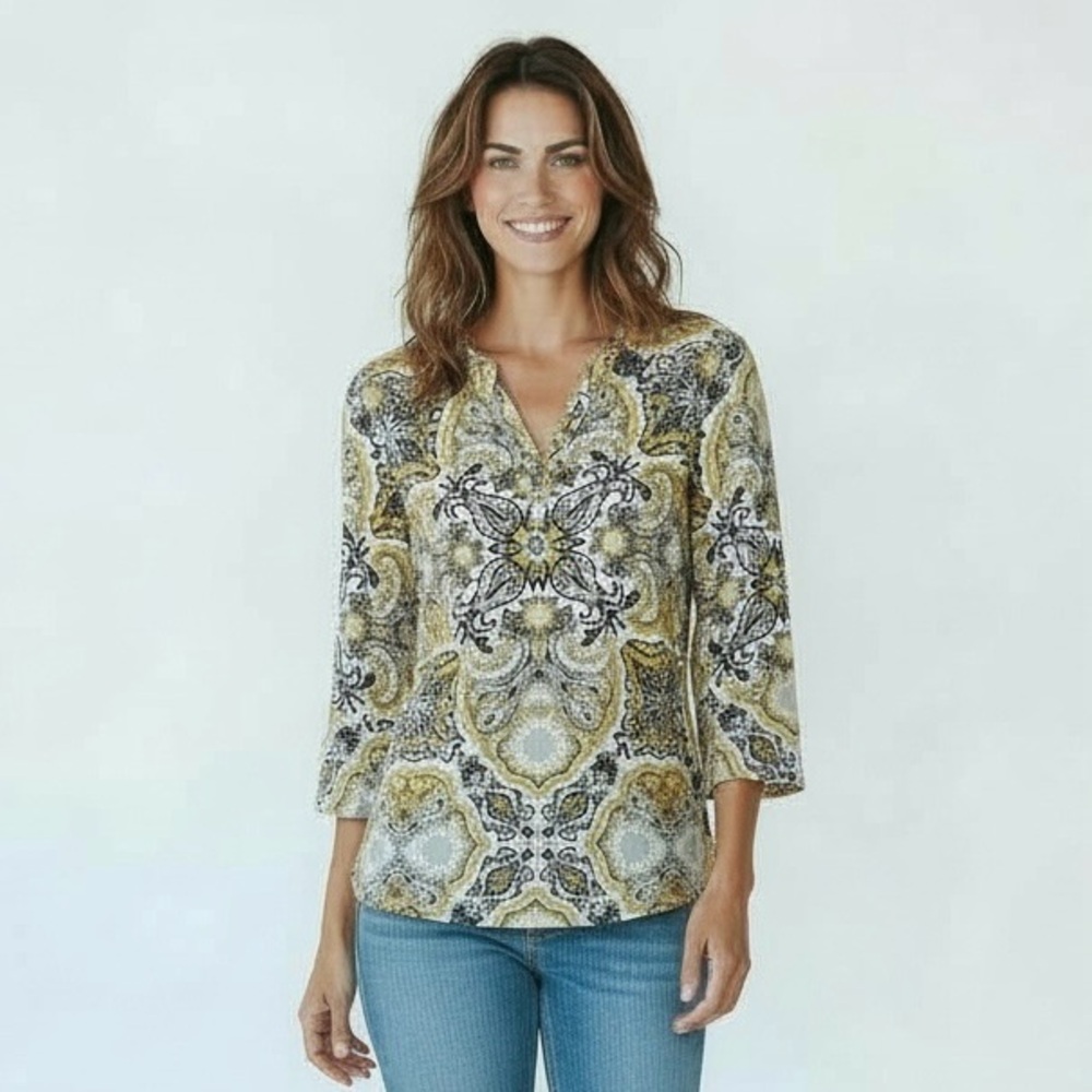 4/$40 Charter Club‎ Mosaic Print Key Hole Yellow Black and White Blouse